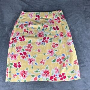 Talbots Floral Wrap Skirt Womens 8 Yellow Pink Tropical Linen Cotton Blend